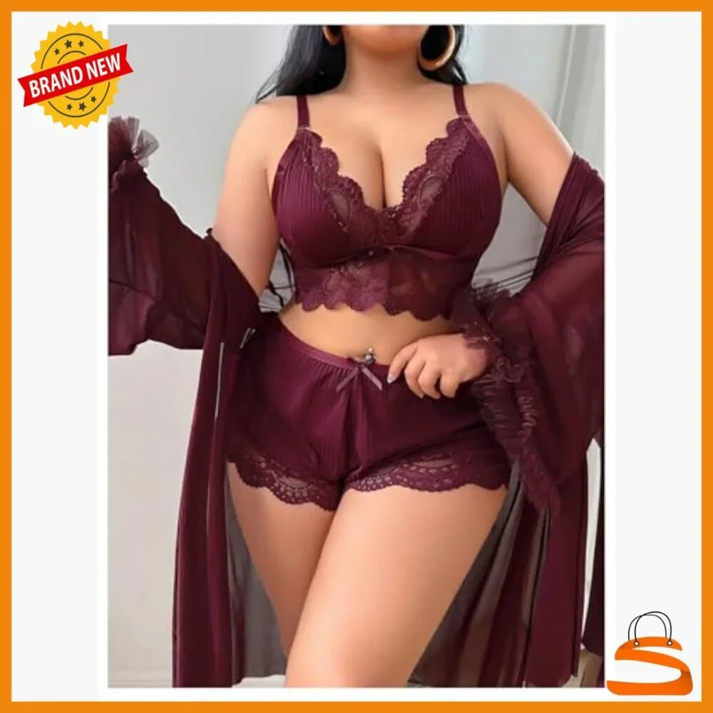 Plus Size Lingerie Set with Lace Bra Panty Long Sleeve Kimono Robe